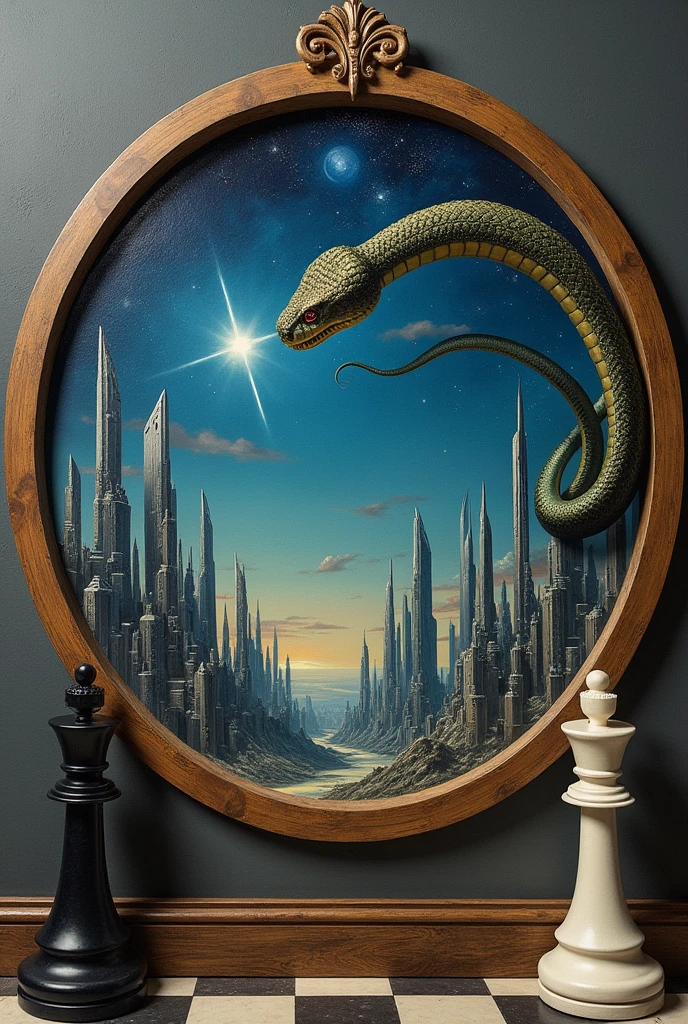 The image shows a painting, which has a circular wooden frame with the figure of a snake biting its tail, The canvas depicts a futuristic city with large skyscrapers, with a shooting star streaking across the night sky in the distance.. Outside the painting two chess pieces can be seen, one the black king and the white king.