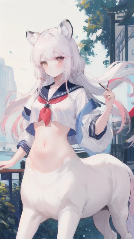 (best quality, masterpiece), 1 girl, centaur, I beg, White skin, Korean schoolgirl,black pink, exposing the abdomen, beautiful girl perfect, White tiger photo, 완벽한 White tiger photo