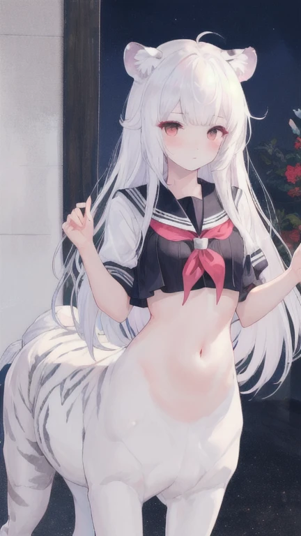 (best quality, masterpiece), 1 girl, centaur, I beg, White skin, Korean schoolgirl,black pink, exposing the abdomen, beautiful girl perfect, White tiger photo, 완벽한 White tiger photo