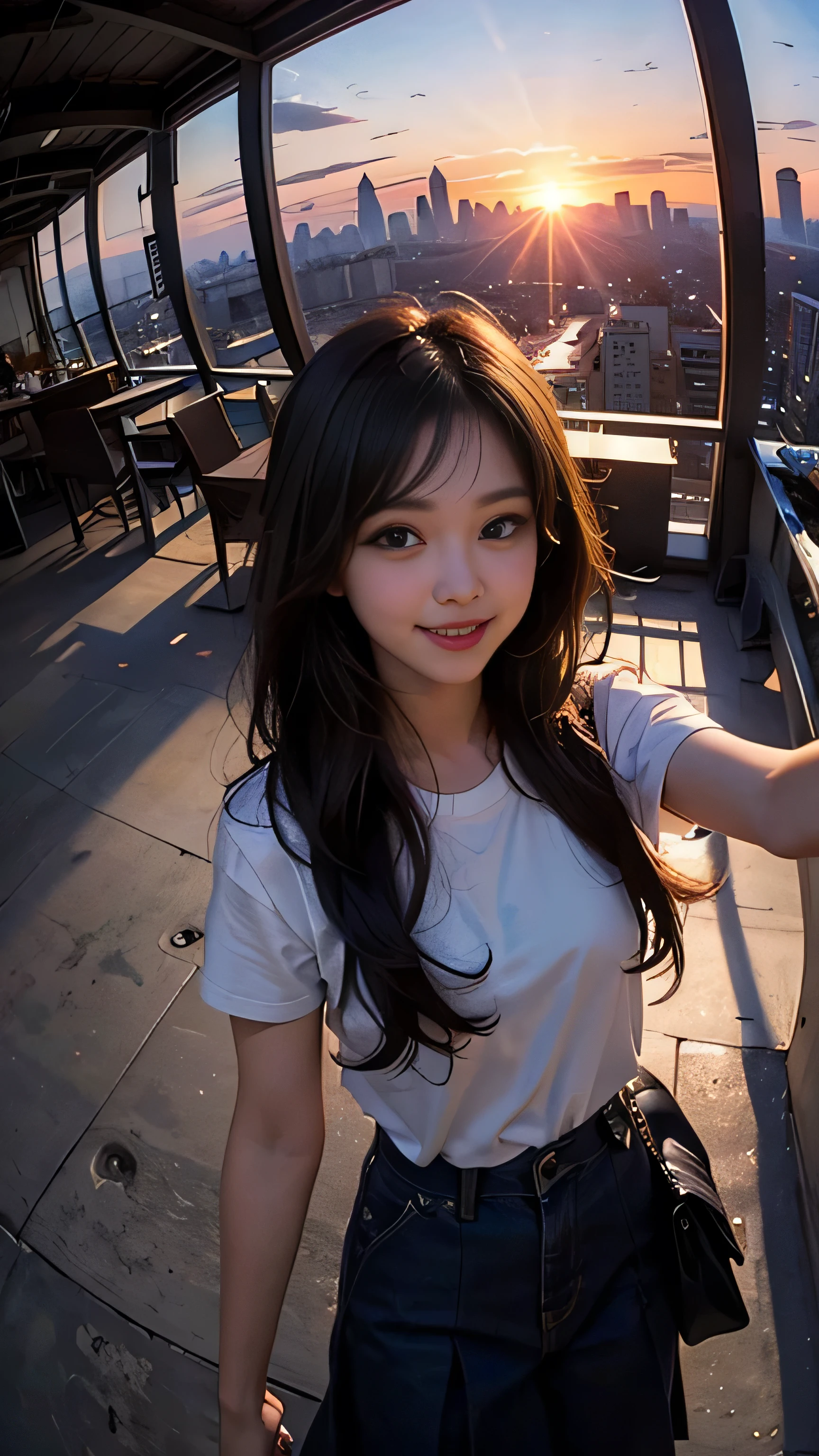 One girl, Korean, Fisheye Lens, Selfie, Wind, Messy Hair, sunset, Cityscape, (Aesthetics and atmosphere:1.2),smile