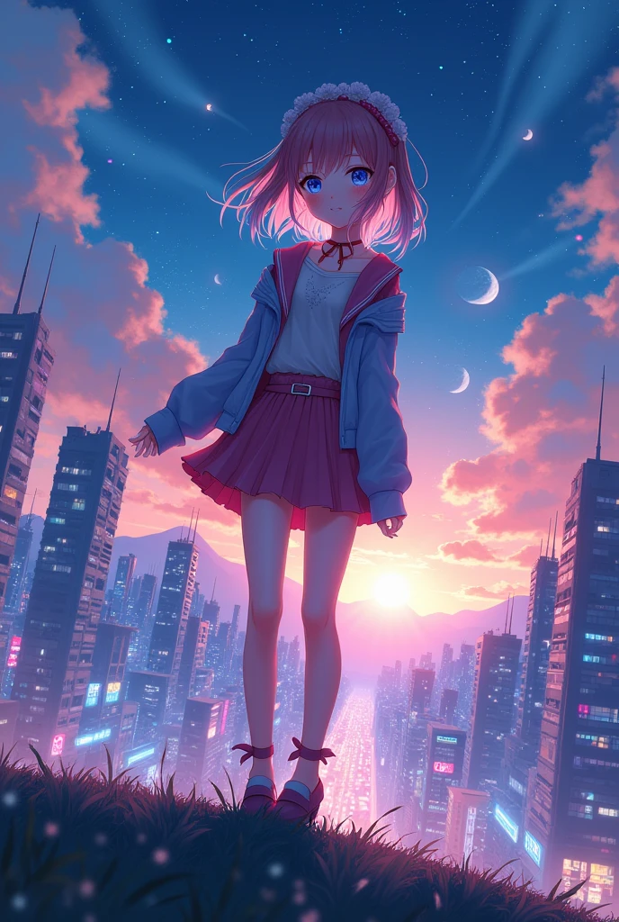 Absurd, High resolution, (Anime Style:1.1), ((Tabletop)), ((Highest quality)), (Very detailed), (beautiful), alone, beautiful face、(lift),、beautiful Fine Star々、Cute girl in cute clothes standing on high hill、私はとてもbeautifulです, Delicate and detailed urban night view、One Girl、beautiful colorful hair, Colorful eyes,View your audience,Lens flare,dramatic, From the back、Whole Body Ezbian、Low - Angle、(Neon Light、Accessories for shining with reflections:1.3)、Laughter, Cat ear, A small smile