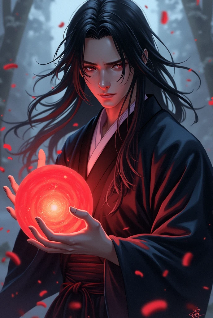 black haired, cold looking man, black eyes, long hair, majestic features, wearing a kimono, holding a glowing red ball of energy in his hand, novel cover.
