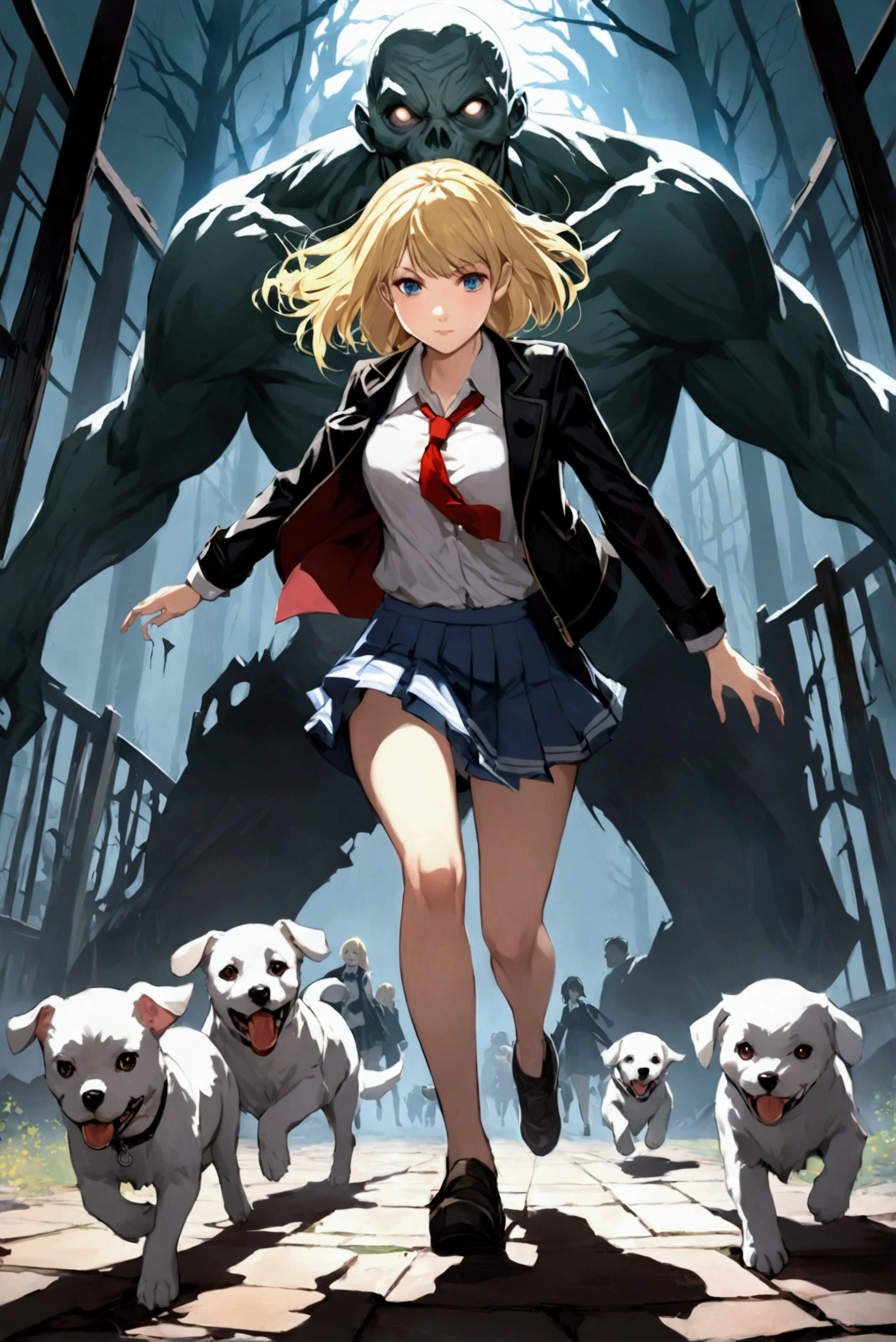 A cute blonde woman in a torn school uniform and black jacket with a white puppy, running in front of a scary and giant zombie type, guweiz style artwork, epic light novel art cover, trend on artstation pixiv, Guweiz and Pixiv Artstation, guweiz, epic anime artwork, Guweiz and Artstation Pixiv, epic light novel cover, By Akihiko Yoshida