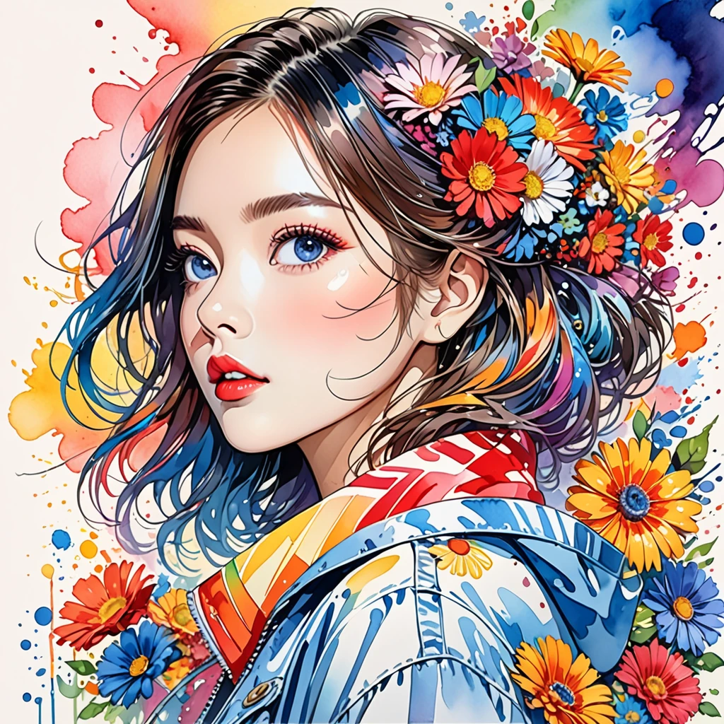 Hiromi Matsuo Style、(((stylish fashion))), 8K Quality、Intense watercolor, Detailed watercolor art, Watercolor splash, Surreal, avant-garde pop art, Beautiful and expressive paintings, Beautiful artwork illustration, Very colorful tones, wonderful, Cool beauty, highest quality、Official Art, Vector art, Stylish design, (((The most beautiful girl))), (((highest quality))), HDR, ((detailed)), (((Doodle Art)), ((masterpiece)), ((Super detailed)), (((Colorful flowers))),(((Stylish)))