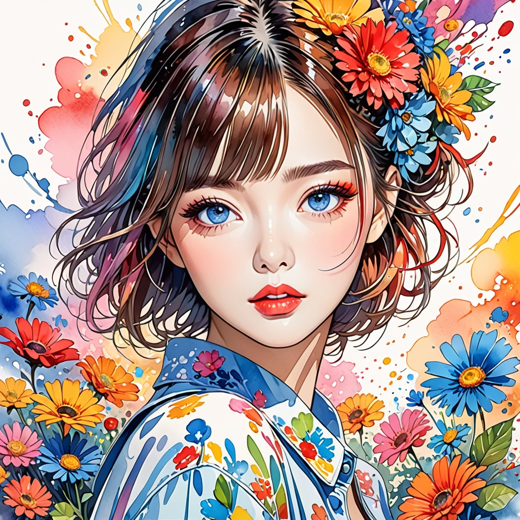 Hiromi Matsuo Style、(((stylish fashion))), 8K Quality、Intense watercolor, Detailed watercolor art, Watercolor splash, Surreal, avant-garde pop art, Beautiful and expressive paintings, Beautiful artwork illustration, Very colorful tones, wonderful, Cool beauty, highest quality、Official Art, Vector art, Stylish design, (((The most beautiful girl))), (((highest quality))), HDR, ((detailed)), (((Doodle Art)), ((masterpiece)), ((Super detailed)), (((Colorful flowers))),(((Stylish)))