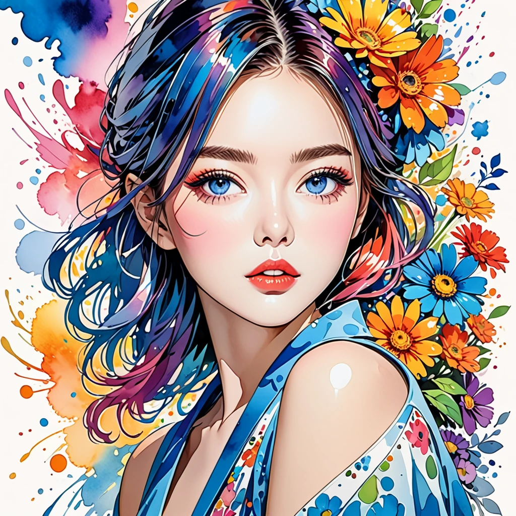 Hiromi Matsuo Style、(((stylish fashion))), 8K Quality、Intense watercolor, Detailed watercolor art, Watercolor splash, Surreal, avant-garde pop art, Beautiful and expressive paintings, Beautiful artwork illustration, Very colorful tones, wonderful, Cool beauty, highest quality、Official Art, Vector art, Stylish design, (((The most beautiful girl))), (((highest quality))), HDR, ((detailed)), (((Doodle Art)), ((masterpiece)), ((Super detailed)), (((Colorful flowers))),(((Stylish)))