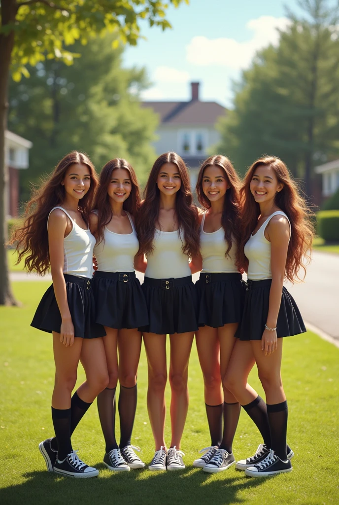 a group of beutiful brown hair teenanger, show entire bodys, shoes in view, front view, all wearing skirts , all wearing black sheer stockings, white converse sneaker, sunny day, smiling, staying in neighboorhood, aerial photography, 20 years old, realistic