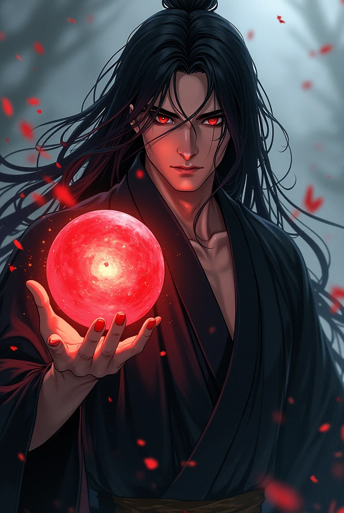 black haired, cold looking man, black eyes, long hair, majestic features, wearing a kimono, holding a glowing red ball of energy in his hand, novel cover.