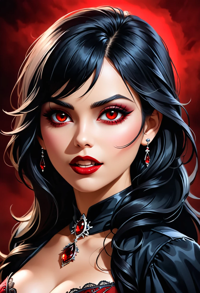 a portrait of vampire with a bloody tear coming down from the eye, an exotic beautiful female vampire, Seductive Gaze, black hair color, dynamic hair style, ultra detailed face, best detailed face, silver eye color, (1single red teardrop: 1.3)), ((tear drop made from blood)), ((teardrop coming down from the eye: 1.3)), small cleavage, wearing two black diamond earrings, Ultra-high resolution, High Contrast, (masterpiece:1.5), highest quality, Best aesthetics), 16K fantasy art, best details, best quality, highres, (ultra wide angle: 1.2), 16k, [ultra detailed], masterpiece, best quality, (extremely detailed), ladyshadow, magical sky, crying style, vampire teeth, goth person