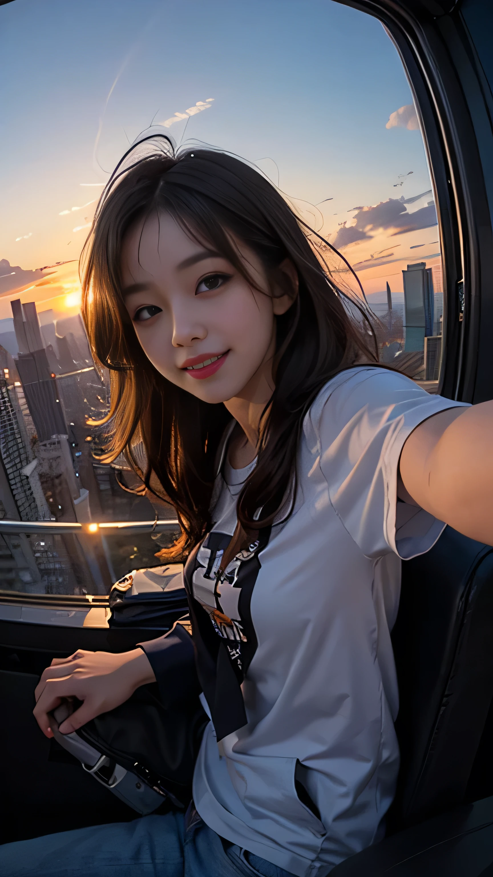 One girl, Korean, Fisheye Lens, Selfie, Wind, Messy Hair, sunset, Cityscape, (Aesthetics and atmosphere:1.2),smile