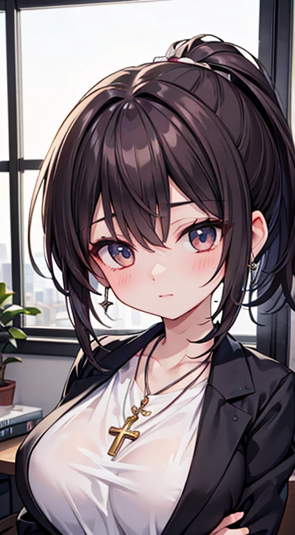 ((masterpiece)), ((Highest quality)), (Very detailed), ((cute)), cute, (cute), ((sexy)), ((Very detailed)), 4K, (8k), Highest quality, (beautiful), Anime Style, Upper Body, Cross your arms, Focus on the face, office, morning, a cute girl, One person, alone, suit, beautiful dark brown hair, beautiful white eyes, ((beautiful eyes)), White skin, ponytail, Transparent Hair, Translucent hair, Large Breasts, Earrings, necklace, nice, Wind effects