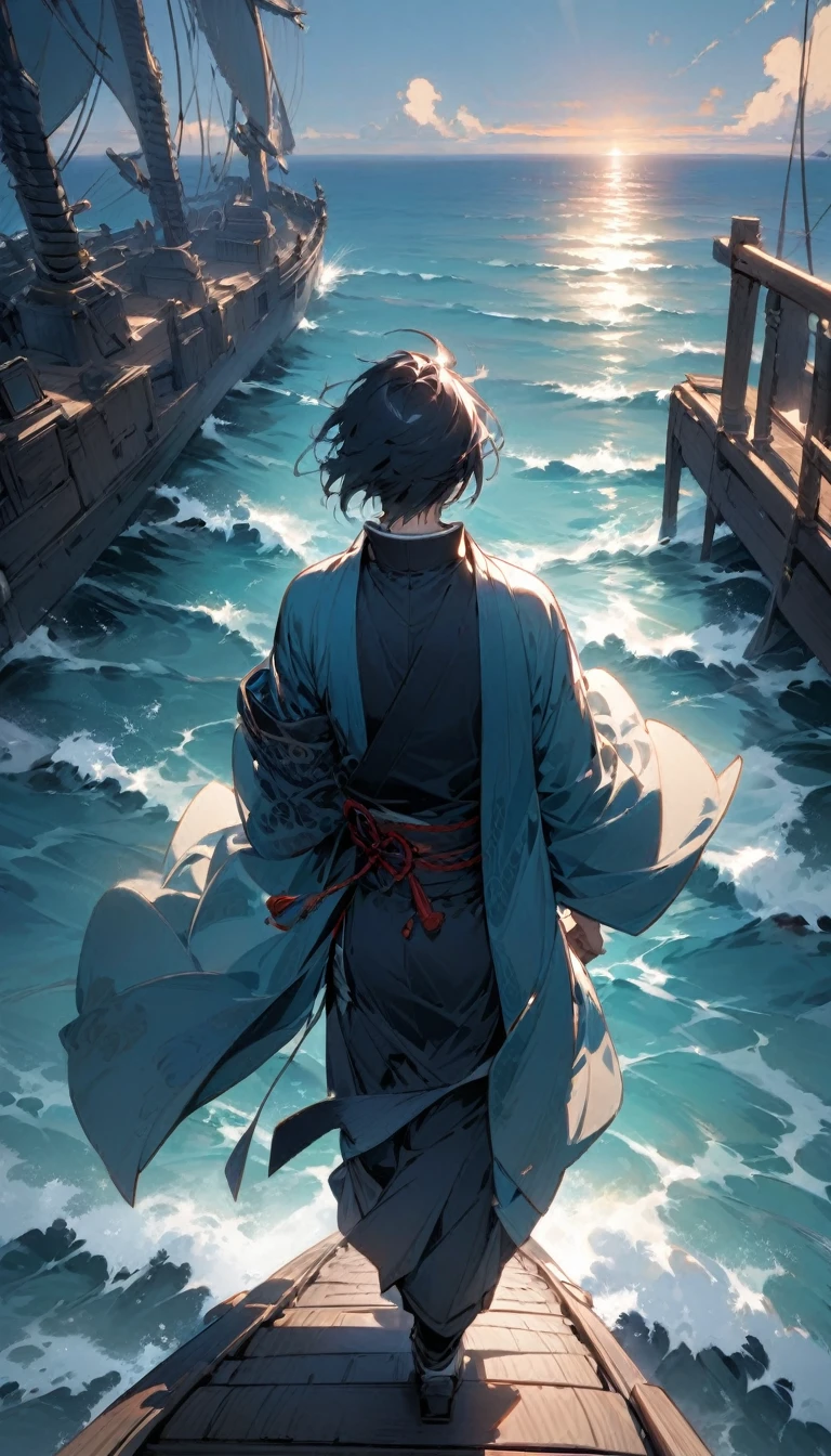 "A samurai in a blue haori walking away from another samurai on a ship's deck. The ocean stretches out behind them, and the atmosphere is filled with silent tension."