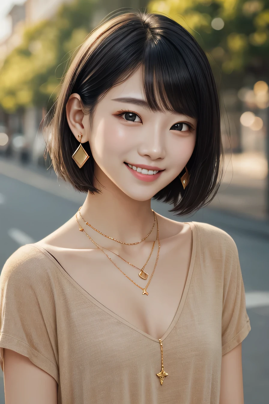 Clear Beauty、Black Hair、Short Haircut、smile、View your viewers, Earrings, golden Earrings, necklace, Brown shirt, Simple_background,The town street
