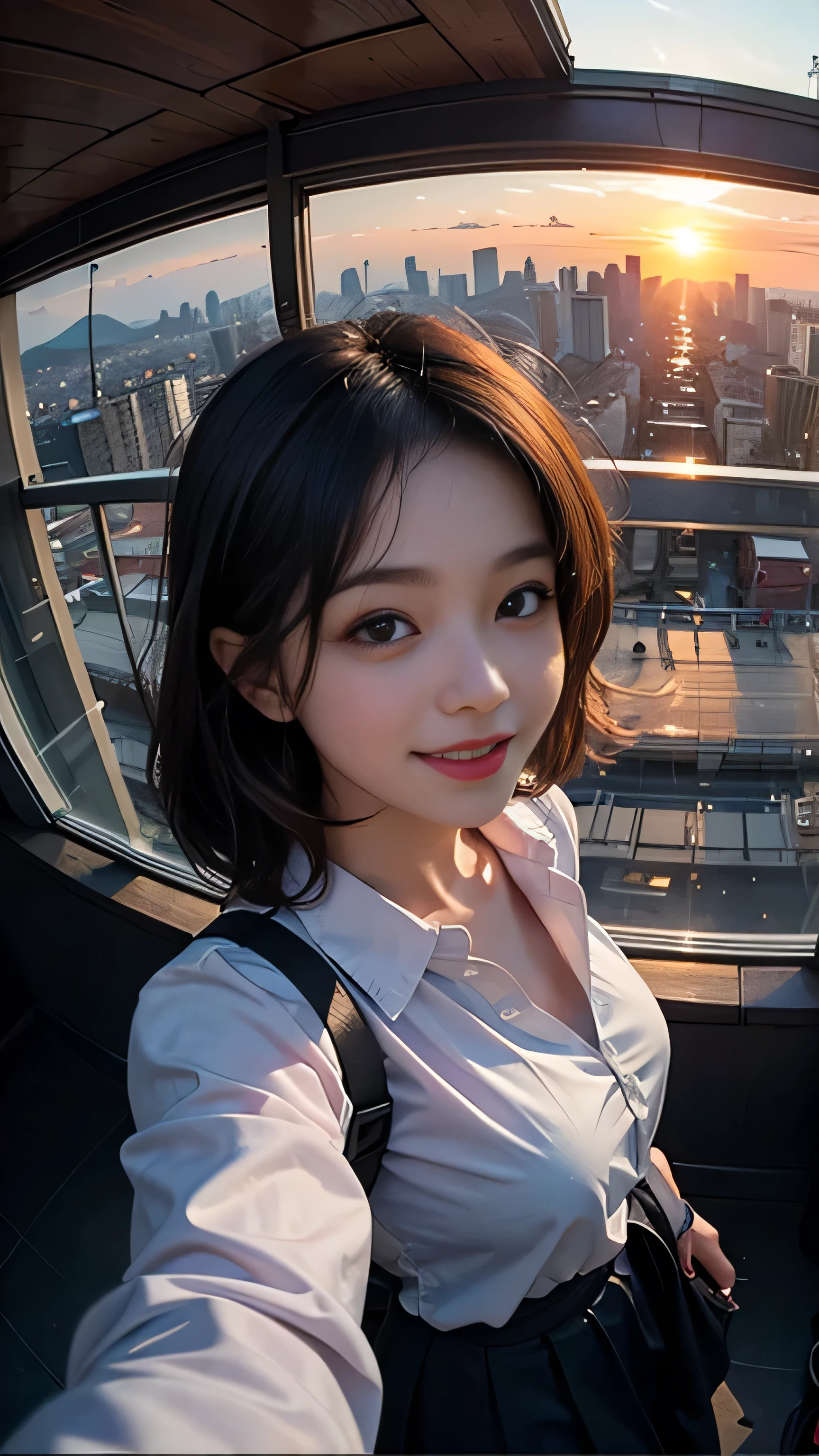 One girl, Korean, Fisheye Lens, Selfie, Wind, Messy Hair, sunset, Cityscape, (Aesthetics and atmosphere:1.2),smile