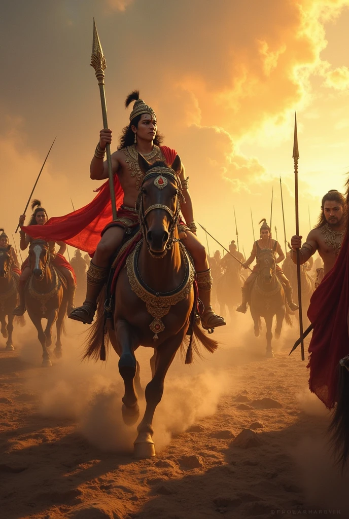 Battle-scarred Kurukshetra: Lord Krishna's divine chariot, Karna's armor glinting in the golden light of sunset, ancient warriors clash, elephants and horses charge, dust and arrows fill the air, as the fate of Hastinapura hangs in the balance."Alternatively, you can also use:"Mahabharatam's Fury: Krishna's wisdom guides Arjuna's bow, Karna's valor shines bright, ancient secrets and rivalries unfold, on the blood-soaked soil of Kurukshetra