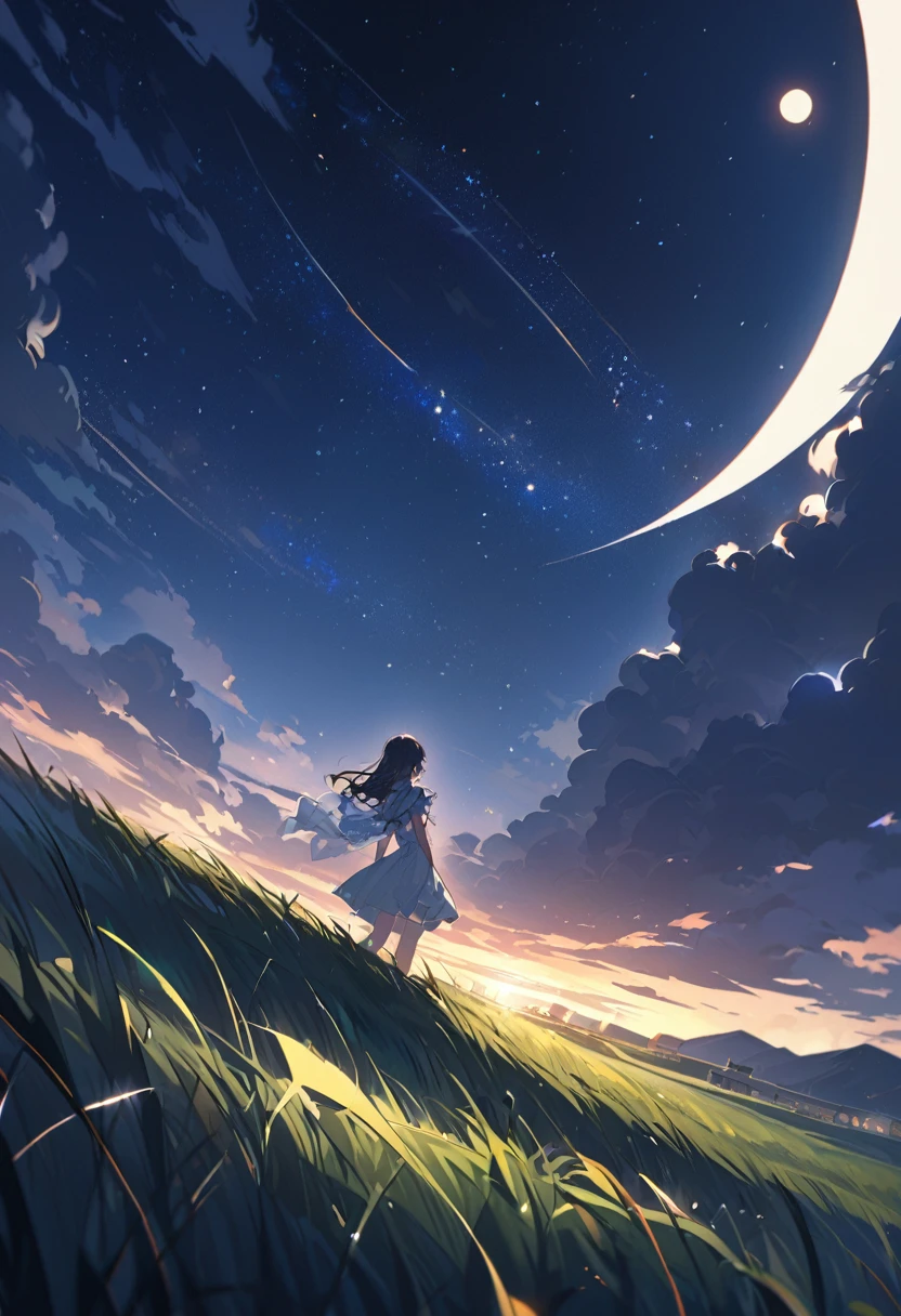 Attention to detail, Super Detail, Ultra-high resolution, A girl in the grass, The moon behind the girl,The moonlight shining down on her, The background is a starry sky,The moon is on the right side near the center of the whole image.,The girl is looking at the starry sky in the grassland,The moonlight that falls on the girl is only a little, Add a fantastical atmosphere 