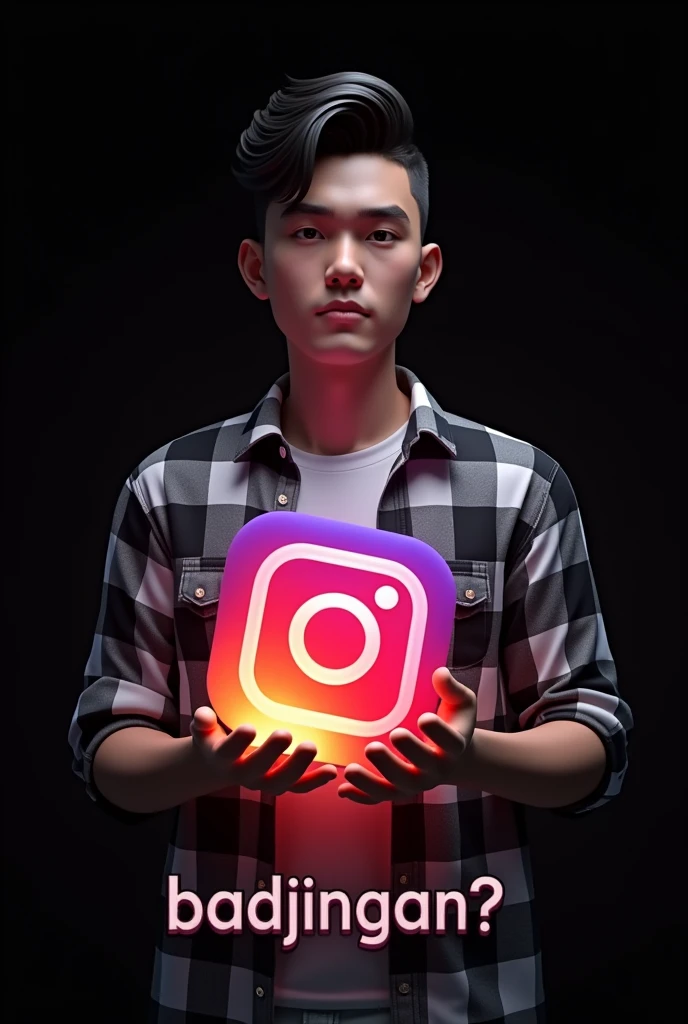 logo 3D, a handsome 25-year-old youth,With black hair, wearing a checkered shirt and t-shirt, holding a glowing Instagram logo, underneath is the text “BADJINGAN ?” Indonesian text with perfect spelling, hyperrealistic, black background