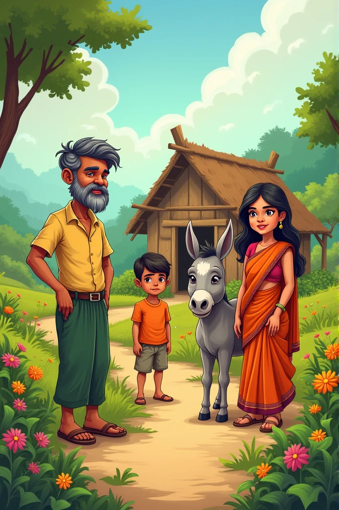 Create an cartoon image of a farmer one women wearing saree and one young boy and one donkey and hut and village and beautiful background