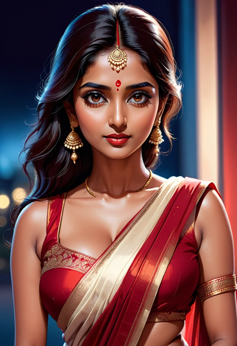 digital illustration of an indian lady wearing simple red saree with white border, seductive expression on face, sleeveless, seductive, side pose, big boobs, night bluish ambience,