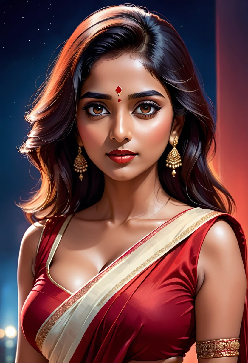 digital illustration of an indian lady wearing simple red saree with white border, seductive expression on face, sleeveless, seductive, side pose, big boobs, night bluish ambience,