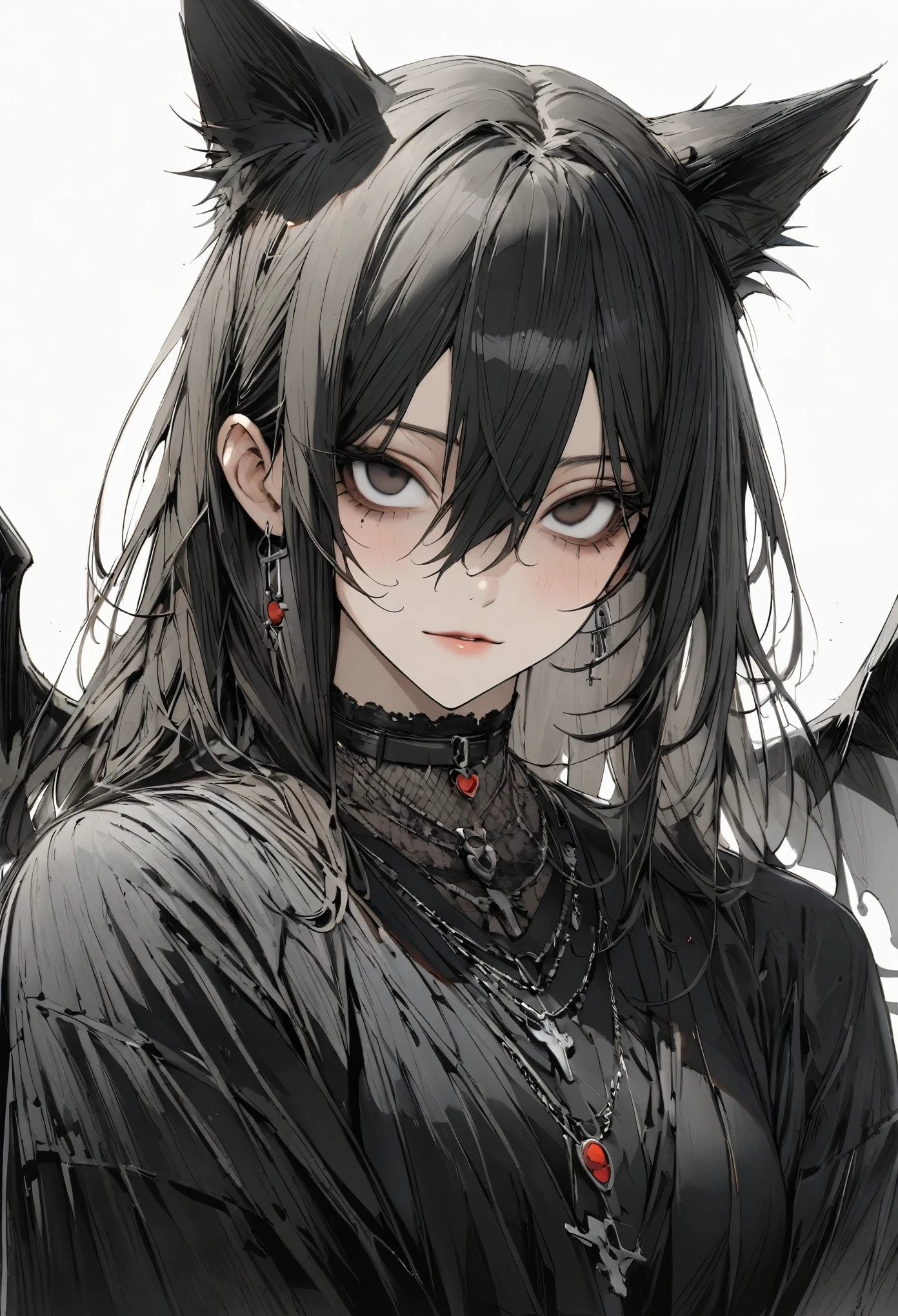 1 woman, striped hair, long black hair, hair between eyes, moles under the eyes, blank eyes, black cloth, high detail, conceptual art, japanese cartoon movies, gothic art, masterpiece, super detail, high details, high quality, best quality