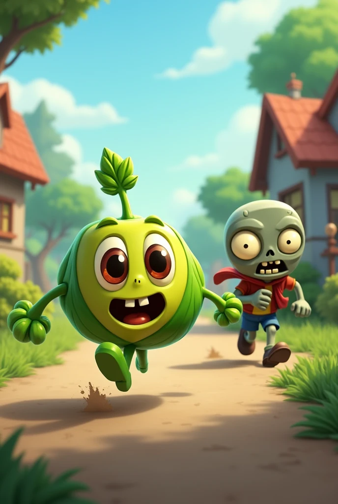 The peashooter student plant then run as fast as he could as the zombie from pvz is chasing him