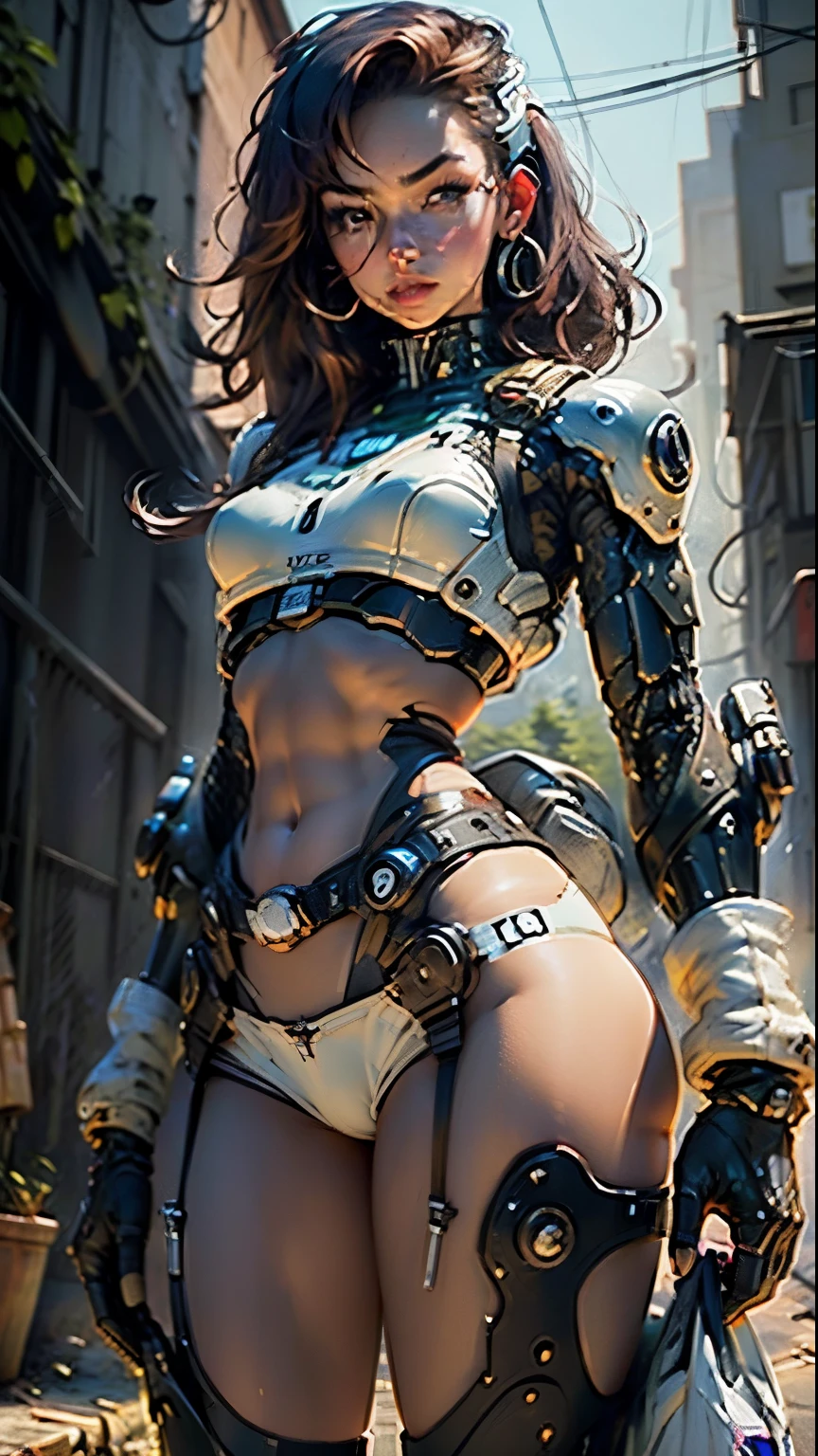 Woman body defined thick thighs cybernetic body parts, short underwear