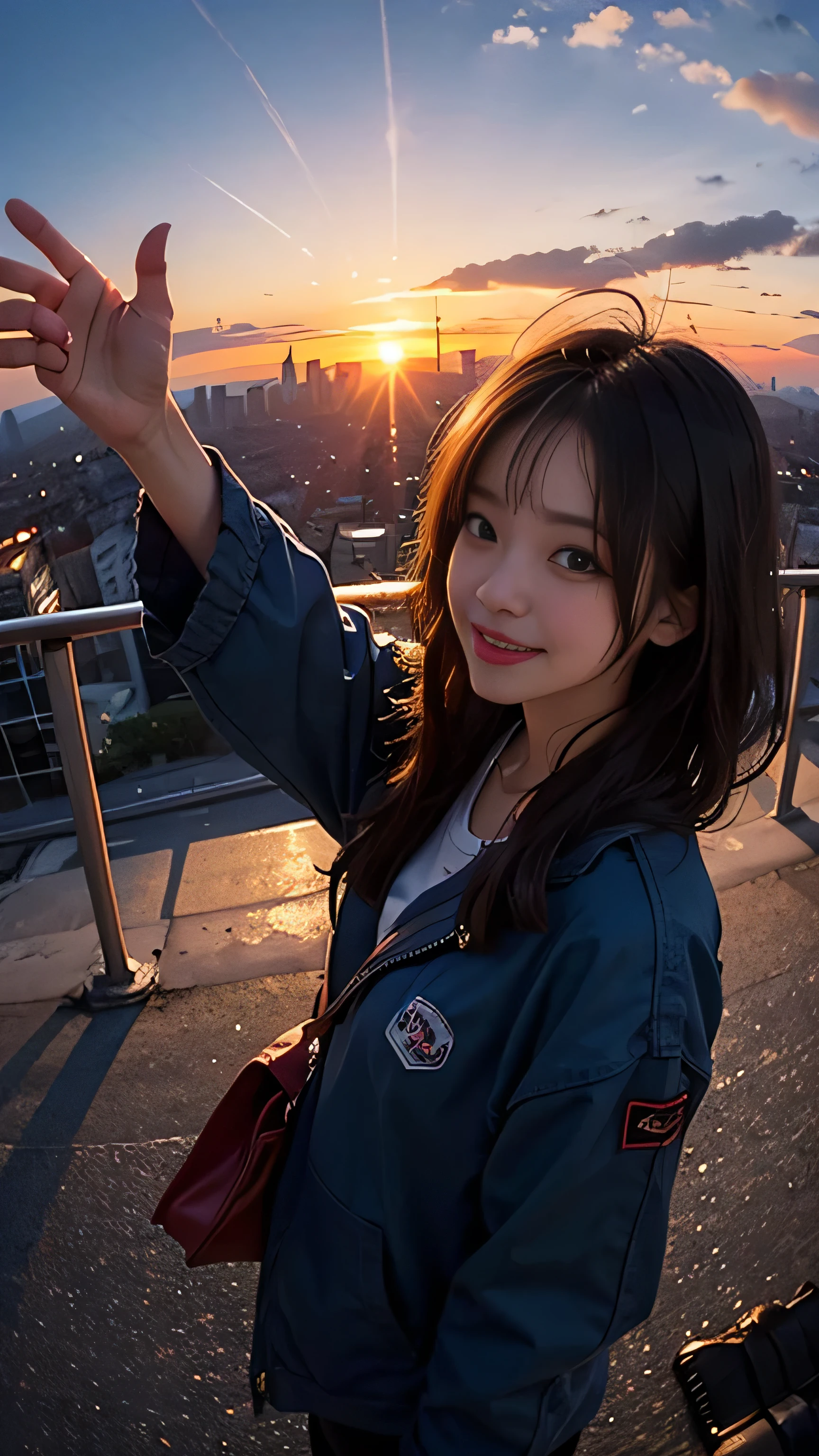 One girl, Korean, Fisheye Lens, Selfie, Wind, Messy Hair, sunset, Cityscape, (Aesthetics and atmosphere:1.2),smile