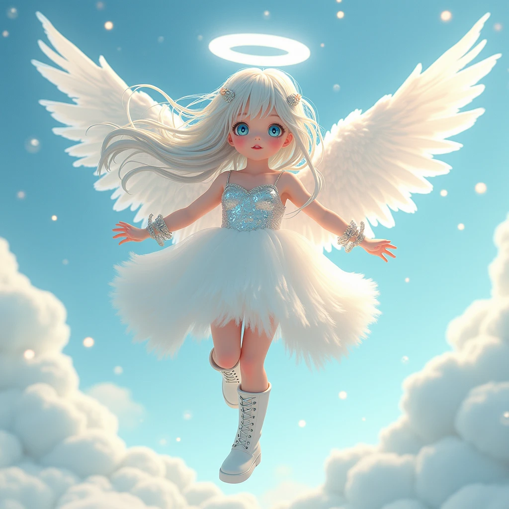 A simple drawing of angel, in the style of Allie Brosh with simple lines, flat colors and a stick figure, minimalistic, simple background, an anime angel, airborne in a dynamic pose against a snowy art museum background, rendered in an official art, masterpiece style with octane rendering. Her platinum hair, accented with a colored inner green ombre, flows behind her as she moves with a straight, flying motion, accentuated by motion blur, light trails, and flying snow. She wears a fluffy, platinum sequined race dress and matching long boots, a shiny platinum wristband adorning her wrist. Her delicate, cherubic face, framed by sharp, long aquamarine eyes with a hint of ennui and a half-opened mouth, is illuminated by ethereal, cinematic lighting with dramatic shadows and particle light. A detailed, shining halo emphasizes her angelic presence.