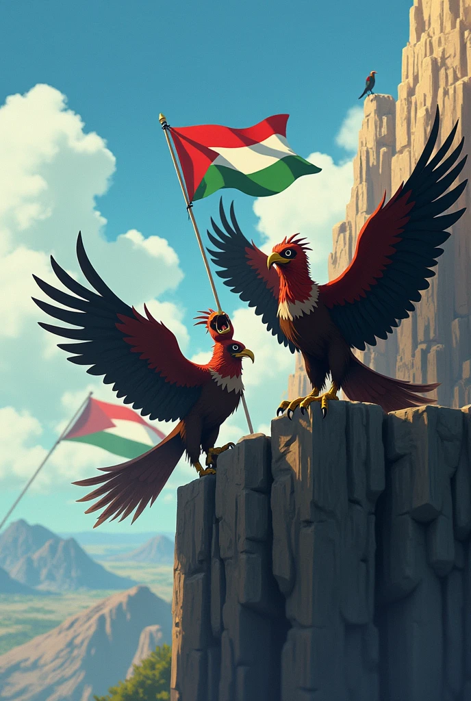 make an animation of 2 angry garuda birds carrying the Palestinian flag with a garuda bird carrying the Indonesian flag standing on a cliff top