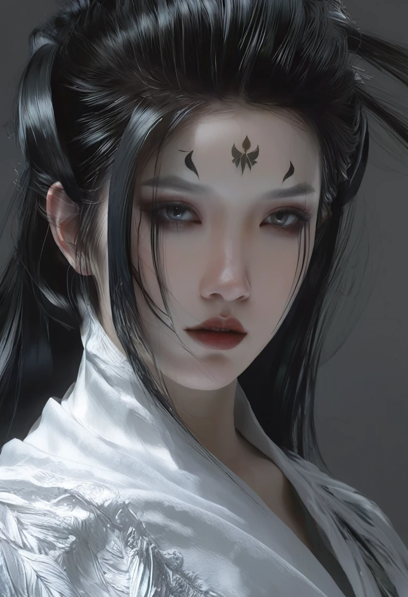 A woman with black hair and white skin,Close-up of face， artwork in the style of Gu Weiss, Gu Weiss, the style of WLOP, ross tran and WLOP, Inspired by WLOP, Eve Ventro, in style of WLOP, WLOP and ross tran, Pan Chengwei on artstation, best on WLOP, WLOP |