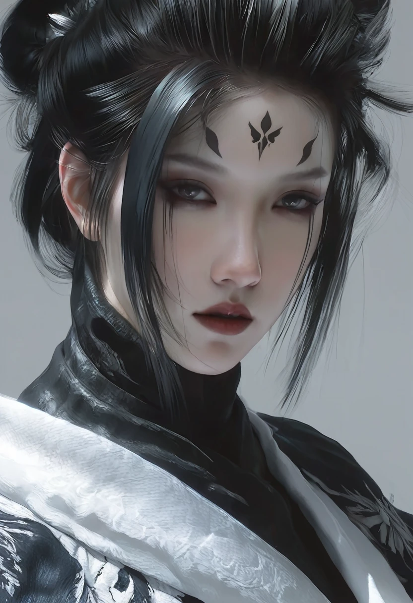 A woman with black hair and white skin,Close-up of face, artwork in the style of Gu Weiss, Gu Weiss, the style of WLOP, ross tran and WLOP, Inspired by WLOP, Eve Ventro, in style of WLOP, WLOP and ross tran, Pan Chengwei on artstation, best on WLOP, WLOP |