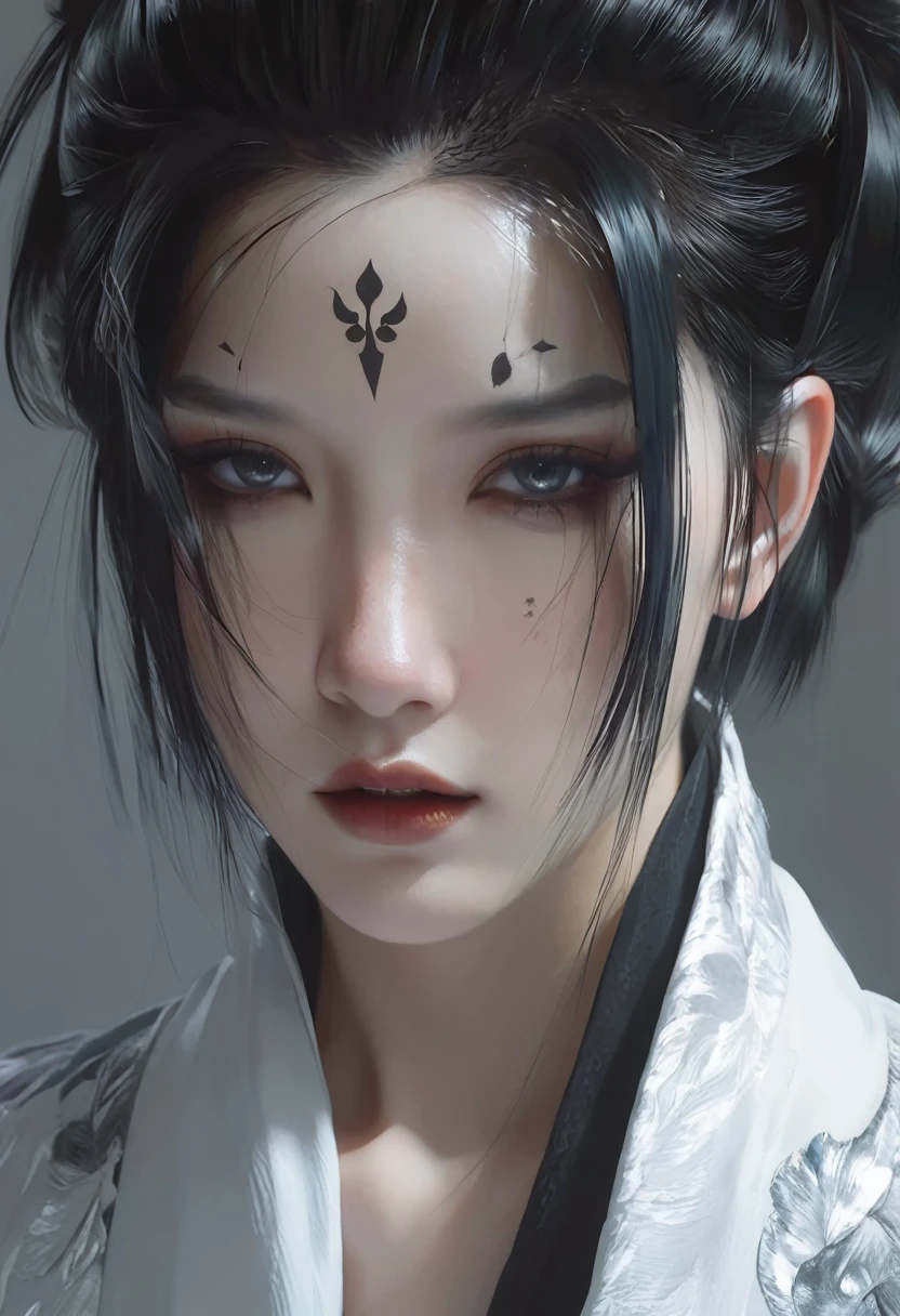 A woman with black hair and white skin,Close-up of face， artwork in the style of Gu Weiss, Gu Weiss, the style of WLOP, ross tran and WLOP, Inspired by WLOP, Eve Ventro, in style of WLOP, WLOP and ross tran, Pan Chengwei on artstation, best on WLOP, WLOP |