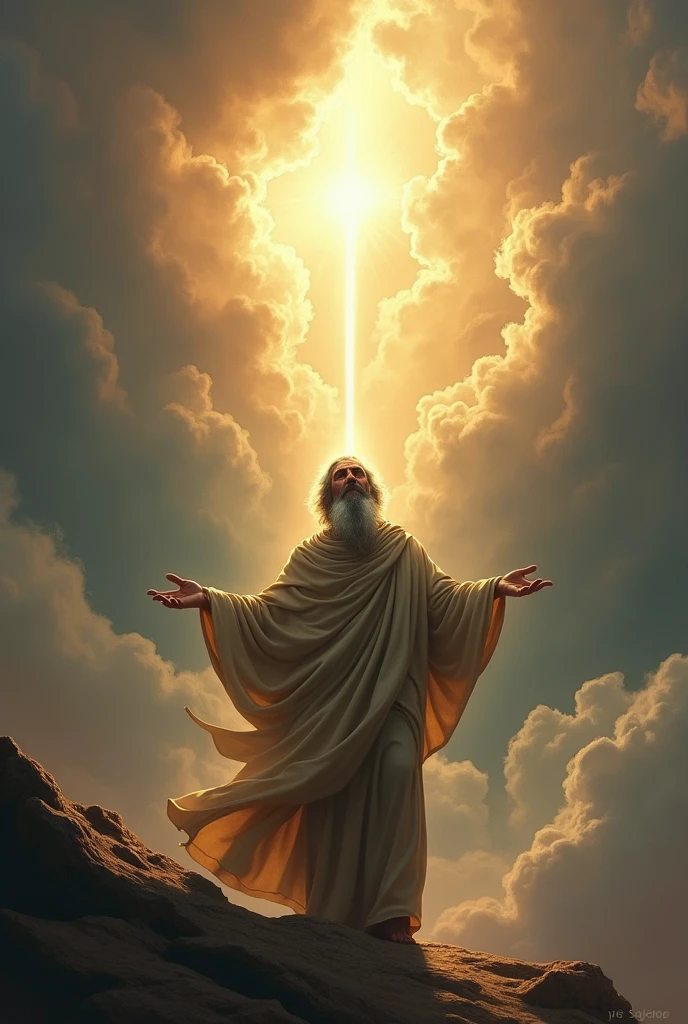 Prophet Yunus who stretched out his hands, ask God for forgiveness with full regret, and a bright light from heaven shows a sign of forgiveness.