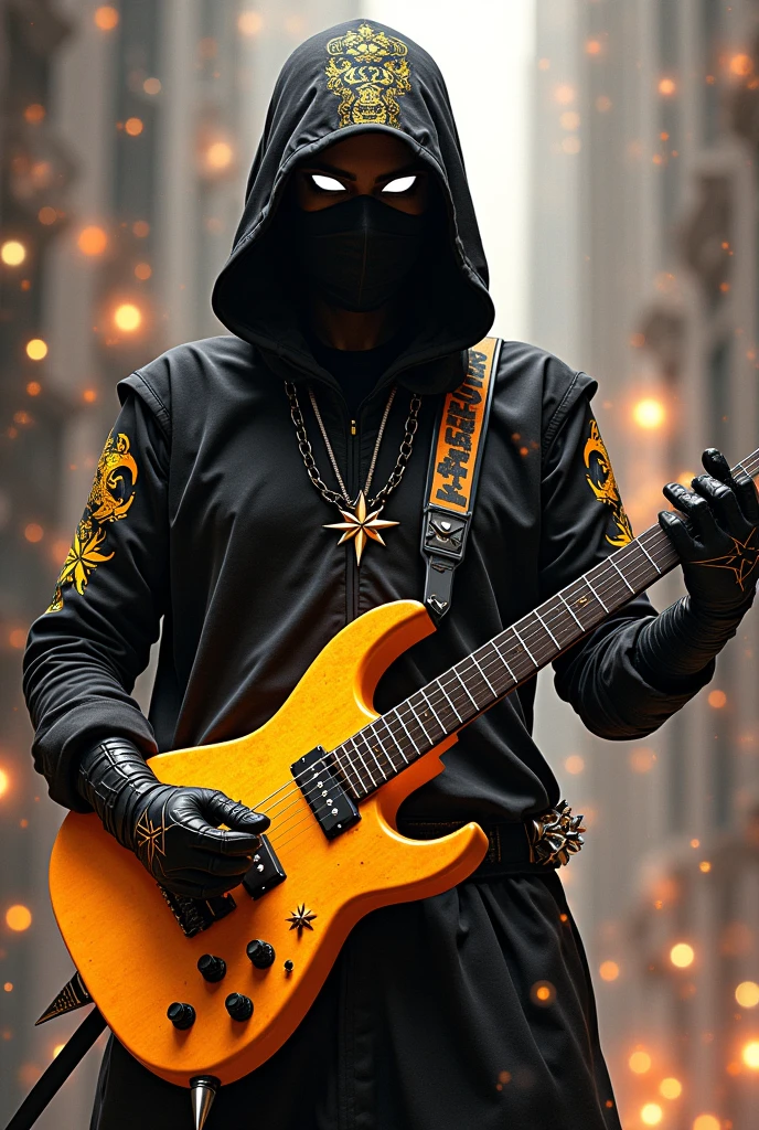 Personnage inspiré ninja rocker avec une guitare électrique qui ressemble a une étoile avec des effet scintillante est éclatant d'étoiles une étoile sur le milieu de la guitare avec une étoile filante sur la guitare un costume de ninja avec une capuche de ninja avec un dragon dessiné sur sa capuche Des chaussures de métal avec des pique sur c'est chaussure des motif sur sont qui sont jaune clair orange pâle est noir des yeux noir est blanc un collier en forme d'étoiles sur sont cou est un côté de combattant dangereux