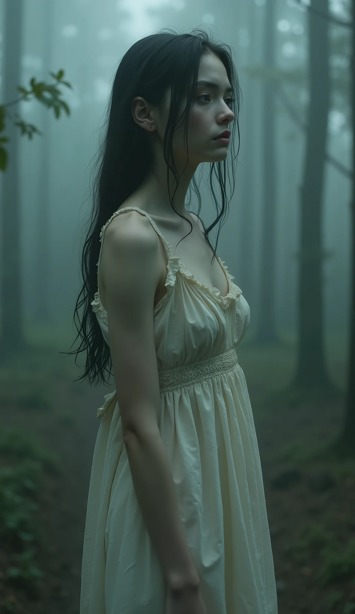 Depressed girl、Long black hair、Small Nose、Skinny body、Glowing white eyes、Thin lips、Dirty white dress、Upper Body、Close-up、Real、Floating in the air and stationary。forest、Thick Fog