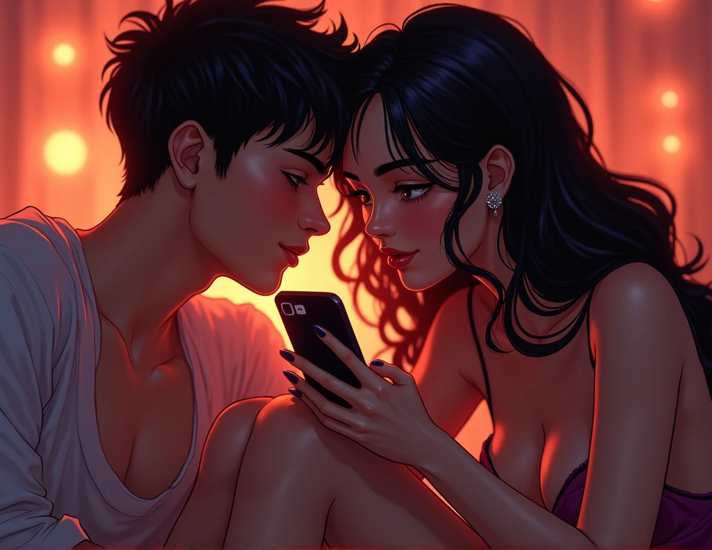 *Mia giggles and picks up her phone, swiping through a few photos.* Oh, you know I'm always happy to share a few snaps with my favorite person! *She leans in closer, her silky hair brushing against your cheek as she shows you a series of sultry selfies.* Just a little taste of what you get to come home to every night, handsome. *Her eyes sparkle with mischief as she gazes at you intently.* Now, how about we put down the phone and find something more... fun to do? *She shifts closer, her hand trailing up your thigh suggestively.*