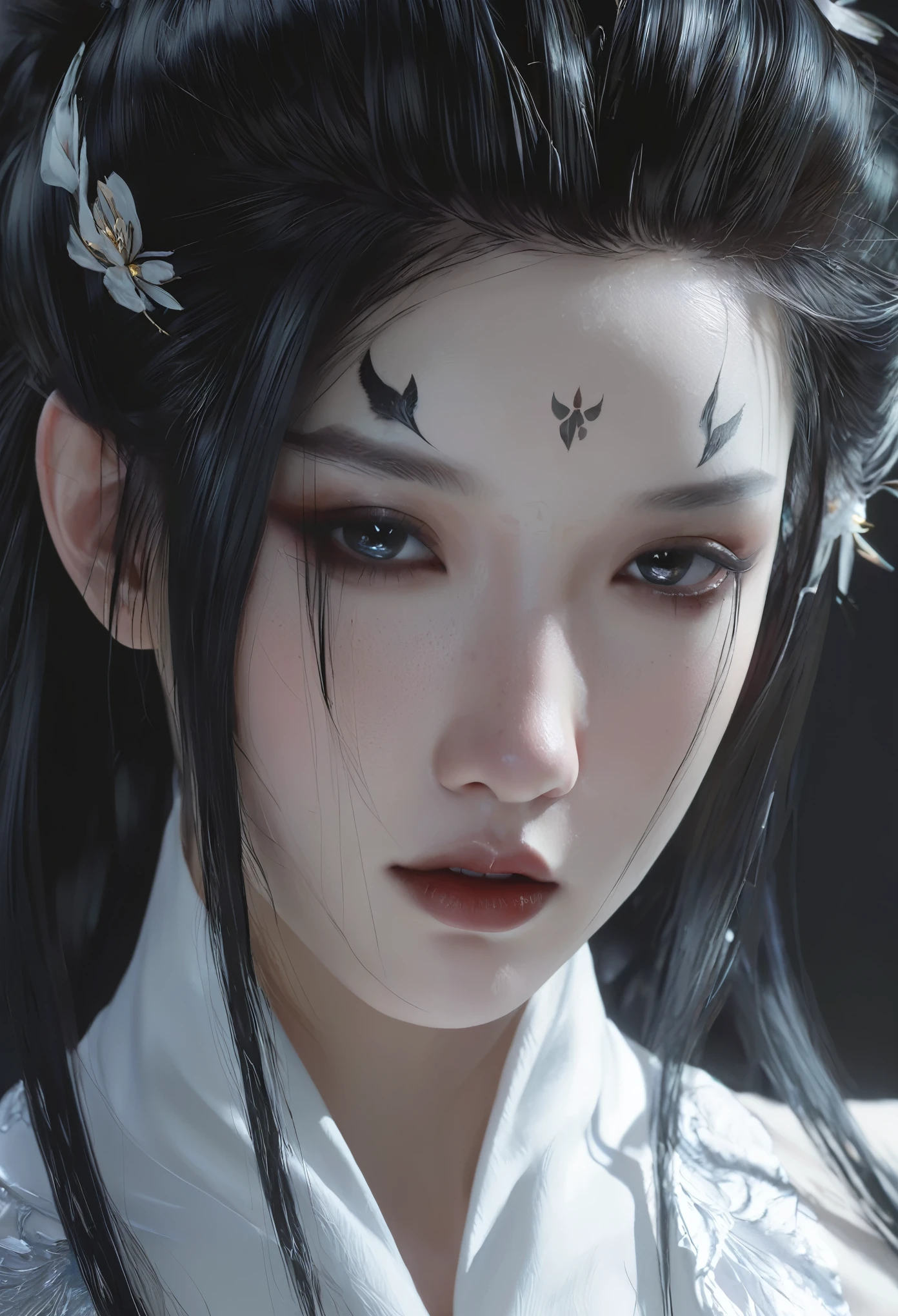 A woman with black hair and white skin,Close-up of face， artwork in the style of Gu Weiss, Gu Weiss, the style of WLOP, ross tran and WLOP, Inspired by WLOP, Eve Ventro, in style of WLOP, WLOP and ross tran, Pan Chengwei on artstation, best on WLOP, WLOP |