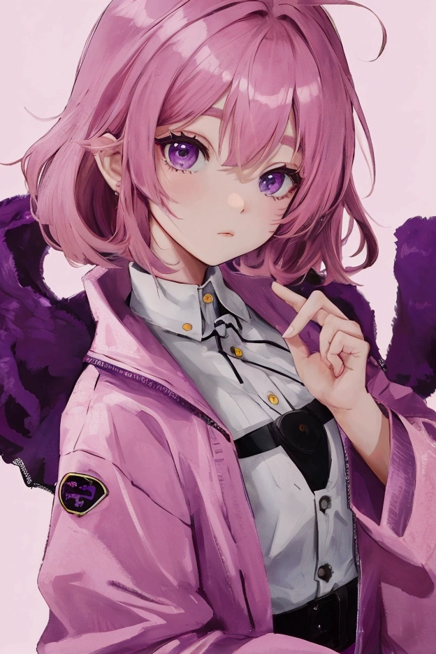 Cute girl, short pink hair, purple eyes, comfy style