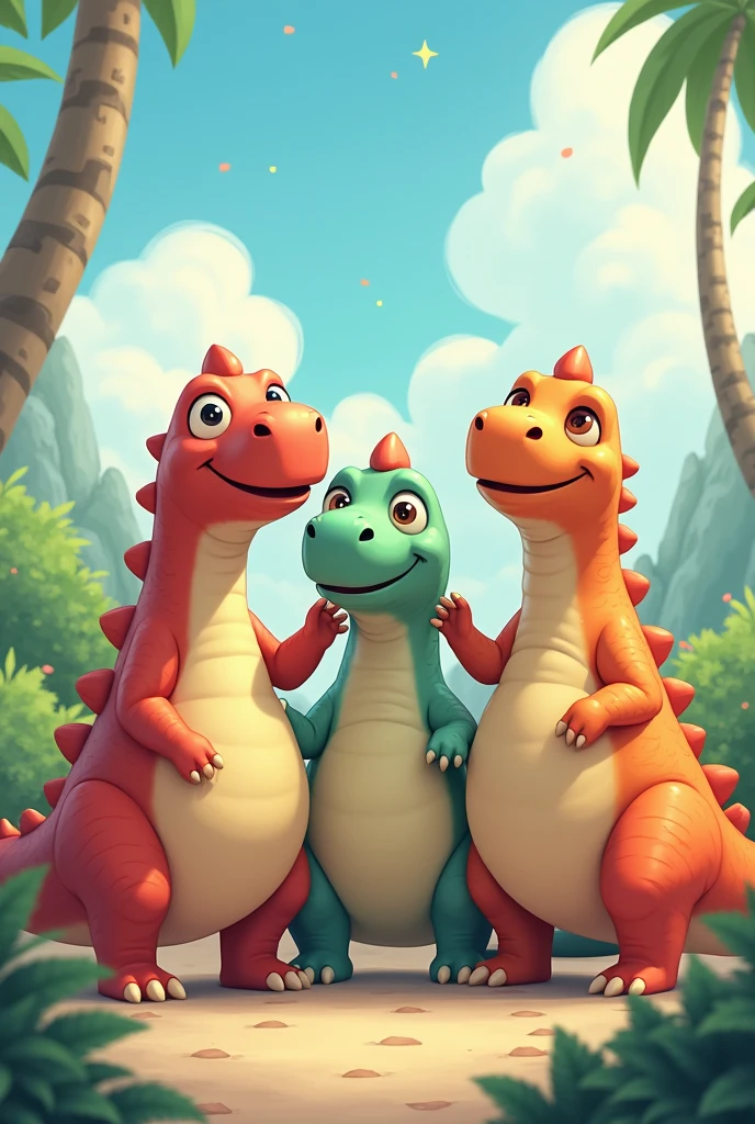 Dinosaurs take pictures together, selfie, anime, 4 of them, chubby, not scary. 
