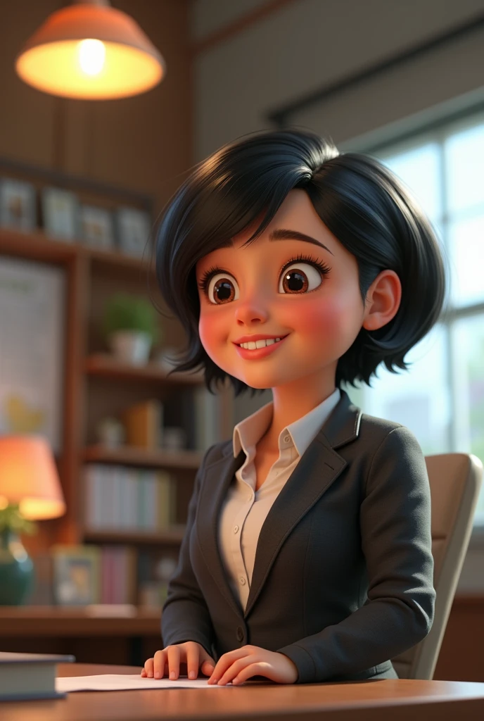 Create relaxing scenes in a Disney-Pixar style, The background is office,There is a teaching version, Chubby, super kind,Kind and friendly, It makes me laugh when I see him, 30 year old chubby girl, Short black hair with front parting, Smiling, Light brown eyes, Wear professional clothing, Has a suit jacket, smart causal pixar 3d.