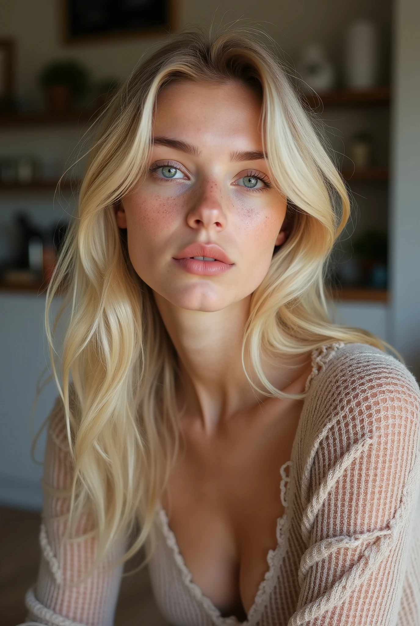 create an influencer,blonde hair,Scandinavian,light eyes,light brown skin,spotty,girl next door,Natural photo, spontaneous photo,55 mm linse, Permissive,at home, Background also sharp,smiling, further away from the camera ,natural posture, do not look into the camera, whole body should be visible whole body