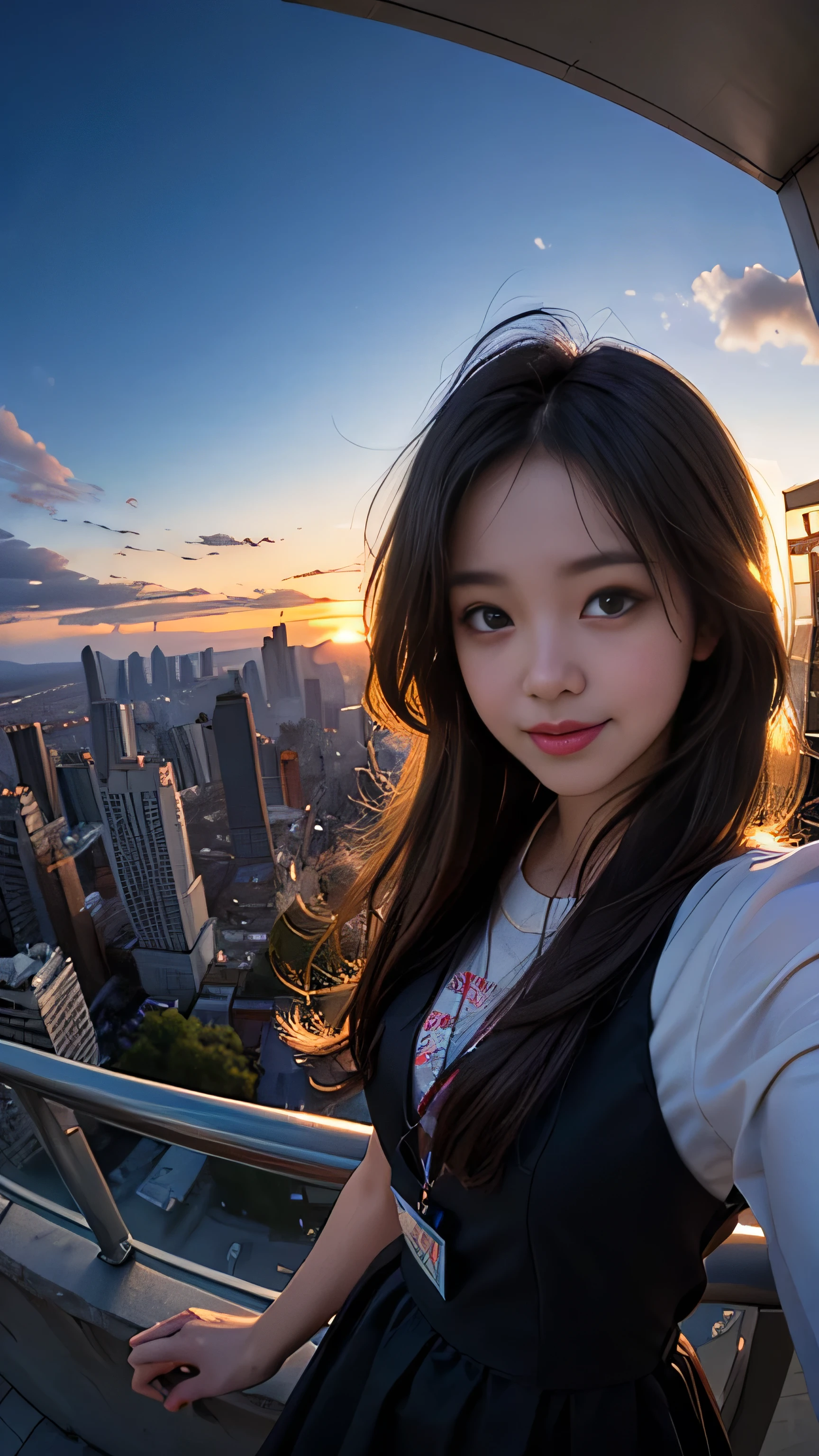 One girl, Korean, Fisheye Lens, Selfie, Wind, Messy Hair, sunset, Cityscape, (Aesthetics and atmosphere:1.2),smile
