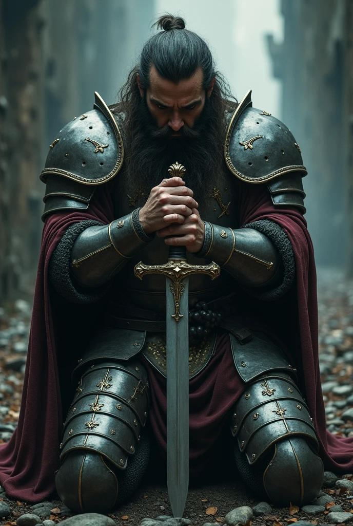The camera shots from above kneeling man holding sword near horse, medieval dark fantasy, medieval holy knight crusader, holy knight crusader of the middle ages, holy crusader of the middle ages, arthur tarnowski, vikings and templars aesthetics, adam marczynski, still from fantasy movie, holy medieval crusader, holy sword in hands, medieval fantasy, fantasy middle ages, sad crusader, prayer at the grave. Hot gay porn pose. Hug big muscle pecs bursting out of armor. Hairy. Sexy