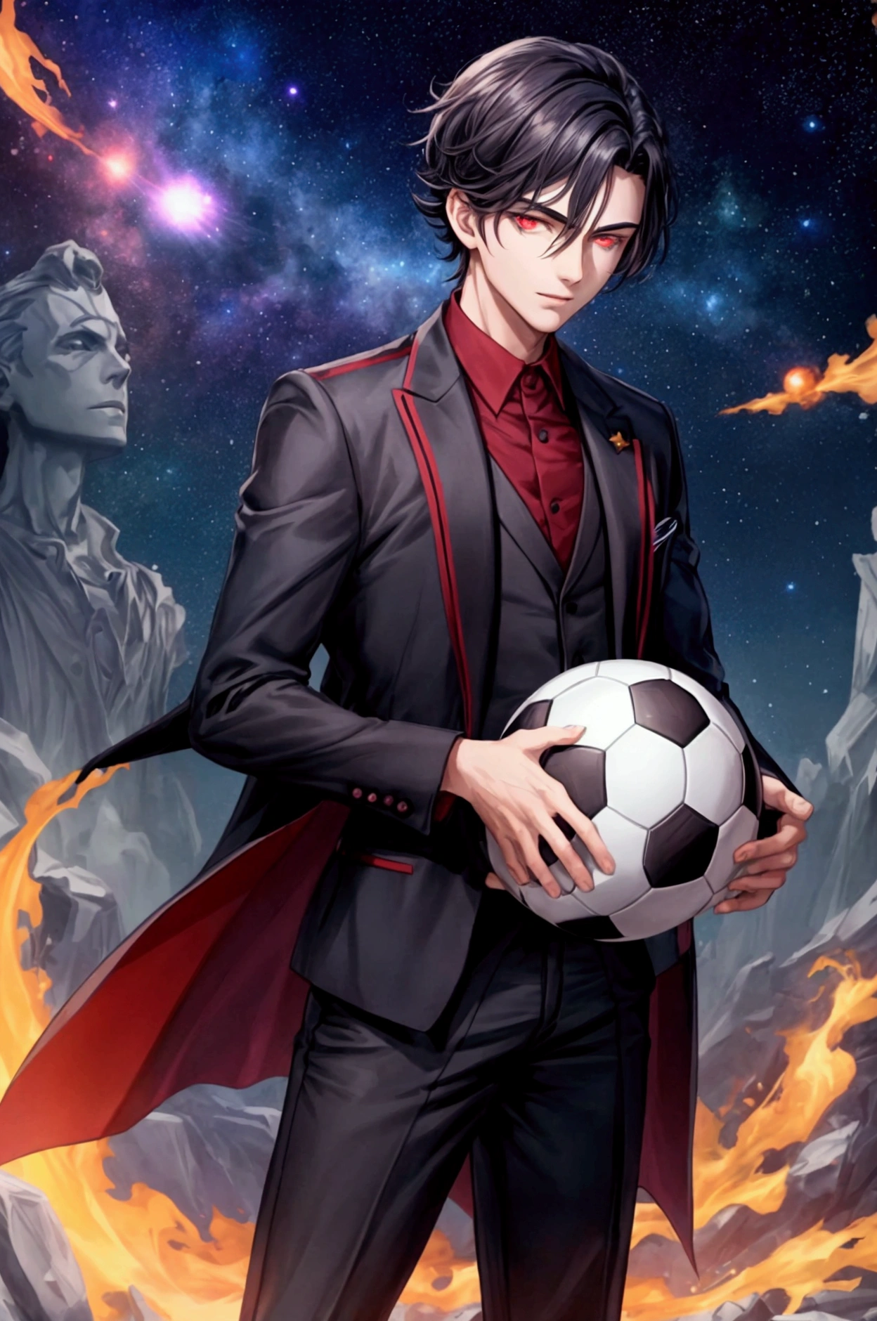 handsome young man with dark hair and red eyes  standing and holding a soccer ball, he has a dark energy that emanate from his body. In the background there are planetes and galaxy. he is dressed in soccer attire