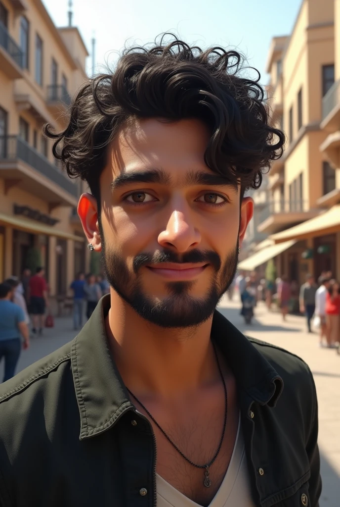 A beautiful and cute young adult boy with black and curly hair and a beard from Iran and the city of Ahvaz