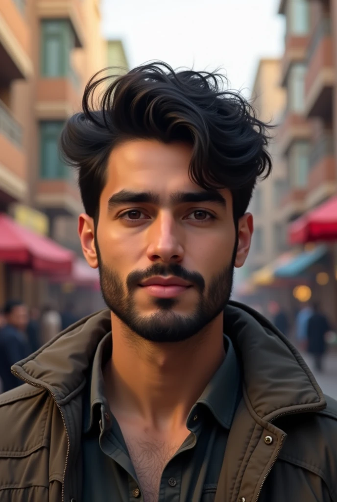 A beautiful and cute young adult boy with black and curly hair and a beard from Iran and the city of Ahvaz