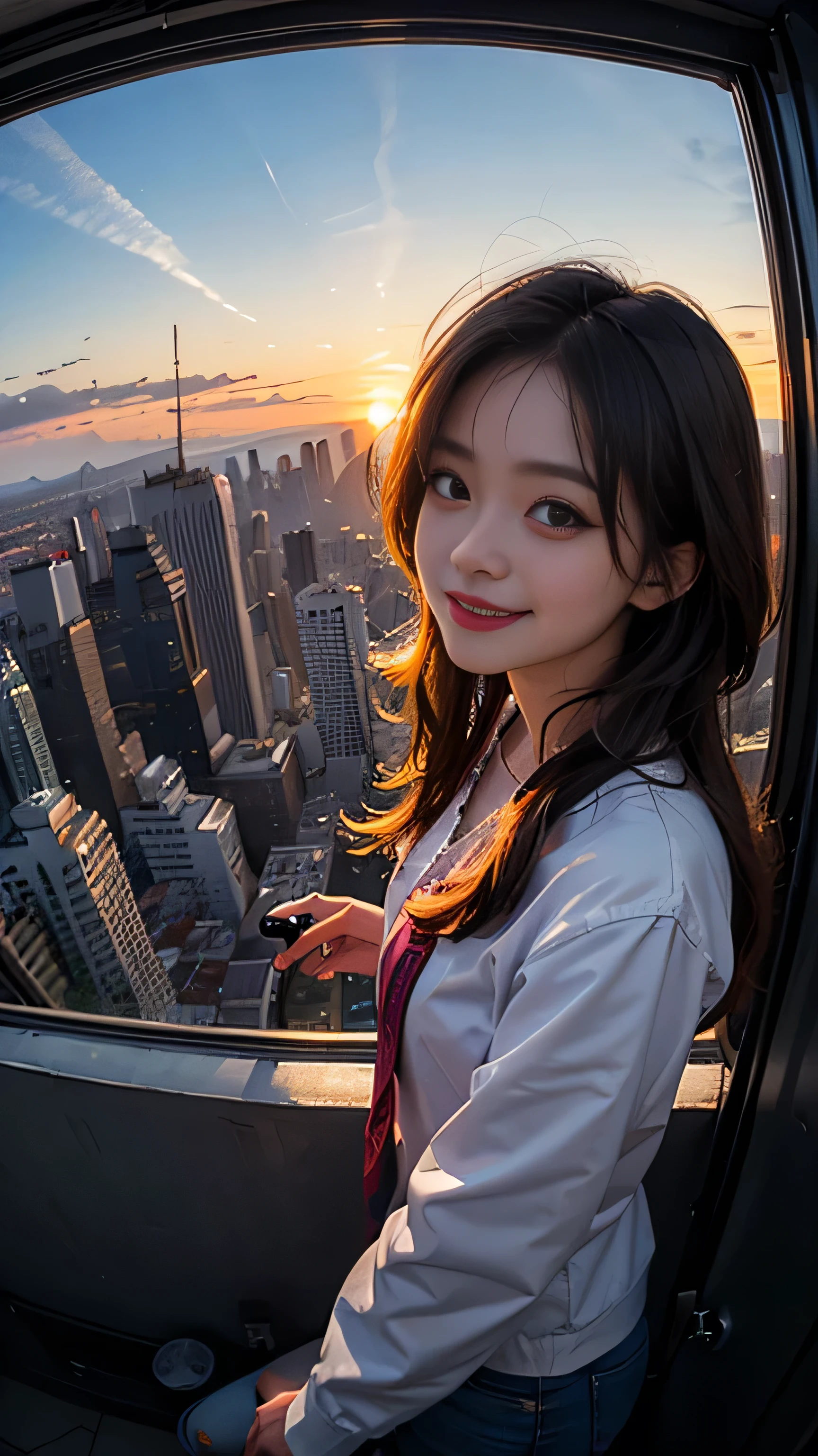 One girl, Korean, Fisheye Lens, Selfie, Wind, Messy Hair, sunset, Cityscape, (Aesthetics and atmosphere:1.2),smile