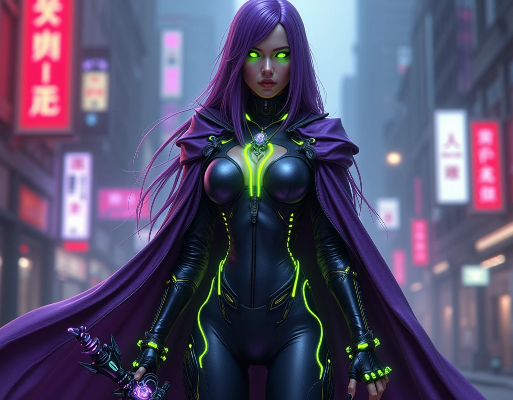 name: Elyria the Wise Age: About 30 years old Height: Tall and slim with ample , accentuated by a design that enhances her imposing and seductive figure.
Clothing: Elyria wears a tight bodysuit made of synthetic material in a dark metallic purple, with bright neon green details. The body has a futuristic design with integrated protective plates that glow green when activated.. Above, wears a long cloak of a deep purple, with green interior trim that reflects and accentuates the city's neon lights. The cape has a pulsating light effect and fluorescent detailing finishes.. Her thigh-high boots are made of black synthetic leather with green details and light-up soles that change color depending on the movement.. The gloves, black with green accents and studs, They reach up to the elbows and feature touch and holographic panels that light up when in use.
I wait: Elyria's hair is long and straight., with purple hues and green streaks that light up when he uses his powers. His cybernetic eyes, of a bright green, can adapt to different colors to improve visibility and analysihe leather has a pale, slightly metallic finish., with glowing purple and green tattoos that extend along the arms and neck, pulsating with an eerie glow.
Accessories: Elyria holds a tech staff made of matte purple metal with green accents.. At the top, a green plasma crystal floats within an energy field that emits pulses of light. She wears various rings with tech chips that glow green and a spiral-shaped necklace with a holographic pendant that alternates between purple and green., projecting futuristic images and data.
Personality: Elyria is an enigmatic and powerful figure., with a mix of glacial charisma and advanced intelligence. She is a high-level magician and hacker, capable of manipulating energy and digital data with great