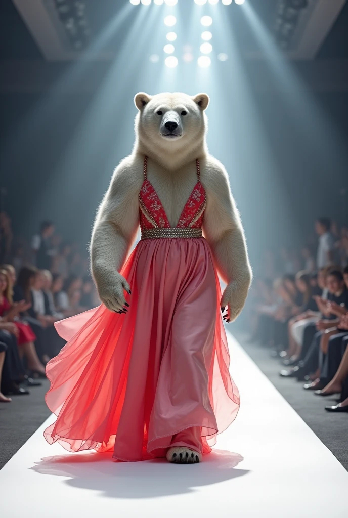 A beautiful white bear wearing pink and red maxi cloth walking down the runaway at a fashion show,
